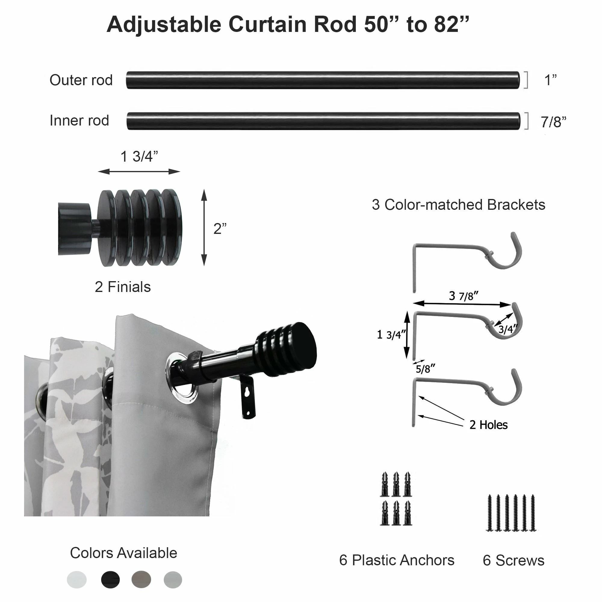 Discount π Evideco 2 Pack Adjustable 1" Single Window Curtain Rod 50" To 82" - 50" To 82" L X 1" D Taupe π - Image 3