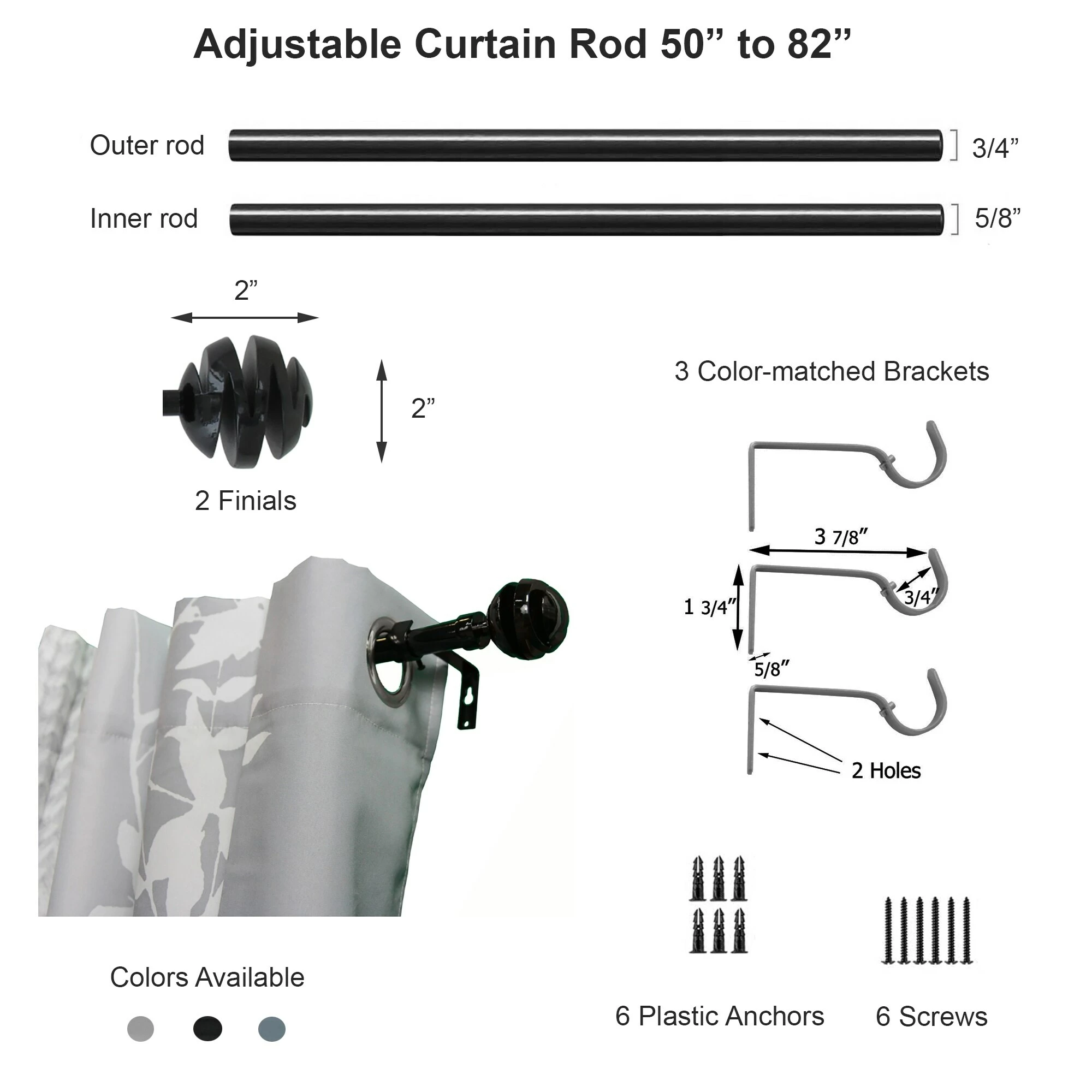 Deals π Evideco 2 Pack Adjustable 3/4" Single Window Curtain Rod 50" To 82" Grey - 50" To 82" L X 3/4" D π 7 Deals π Evideco 2 Pack Adjustable 3/4" Single Window Curtain Rod 50" To 82" Grey - 50" To 82" L X 3/4" D π - Image 7
