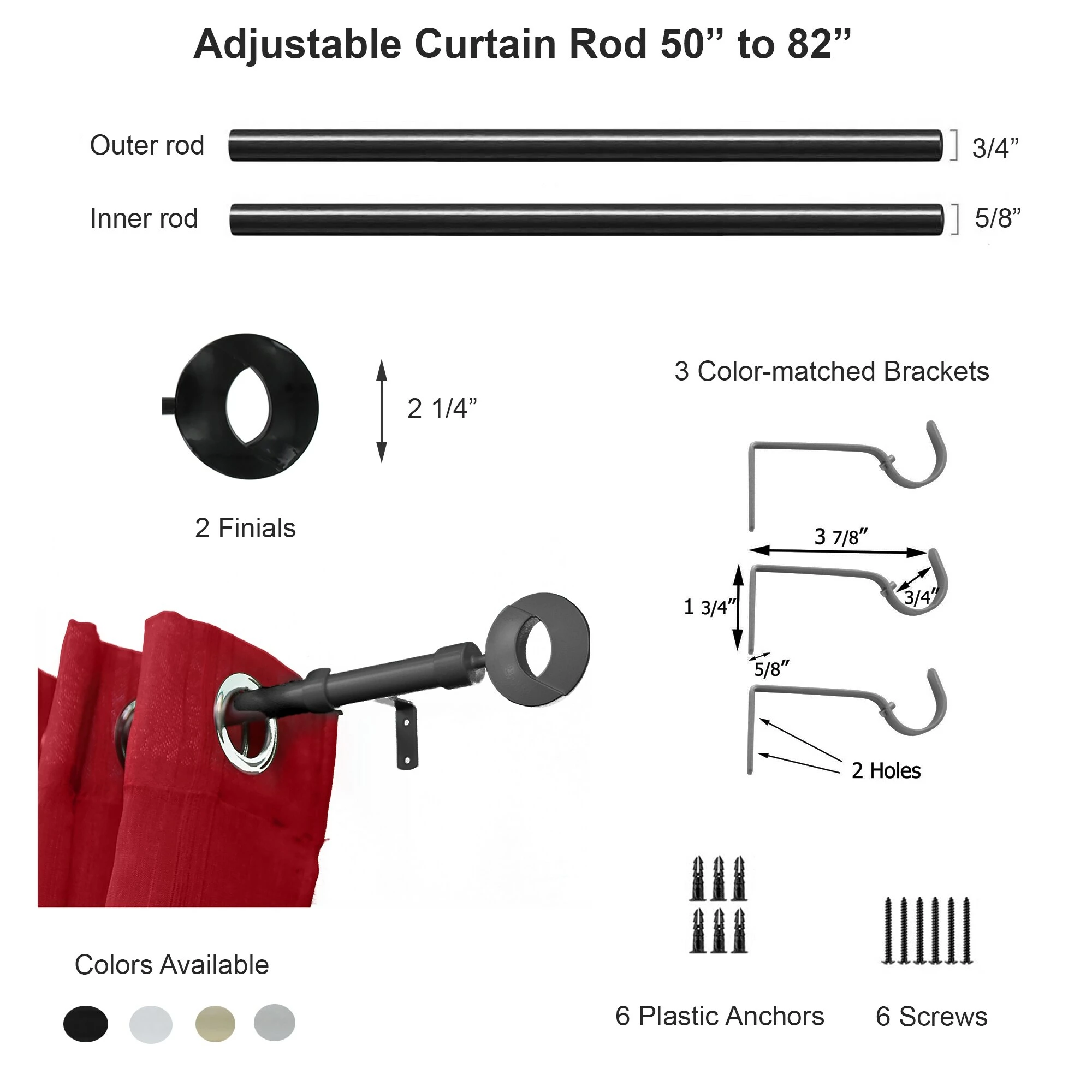 Wholesale β Evideco Adjustable 3/4" Single Window Curtain Rod 50" To 82" Gold - 50" To 82" L X 3/4" D White π 6 Wholesale β Evideco Adjustable 3/4" Single Window Curtain Rod 50" To 82" Gold - 50" To 82" L X 3/4" D White π - Image 6