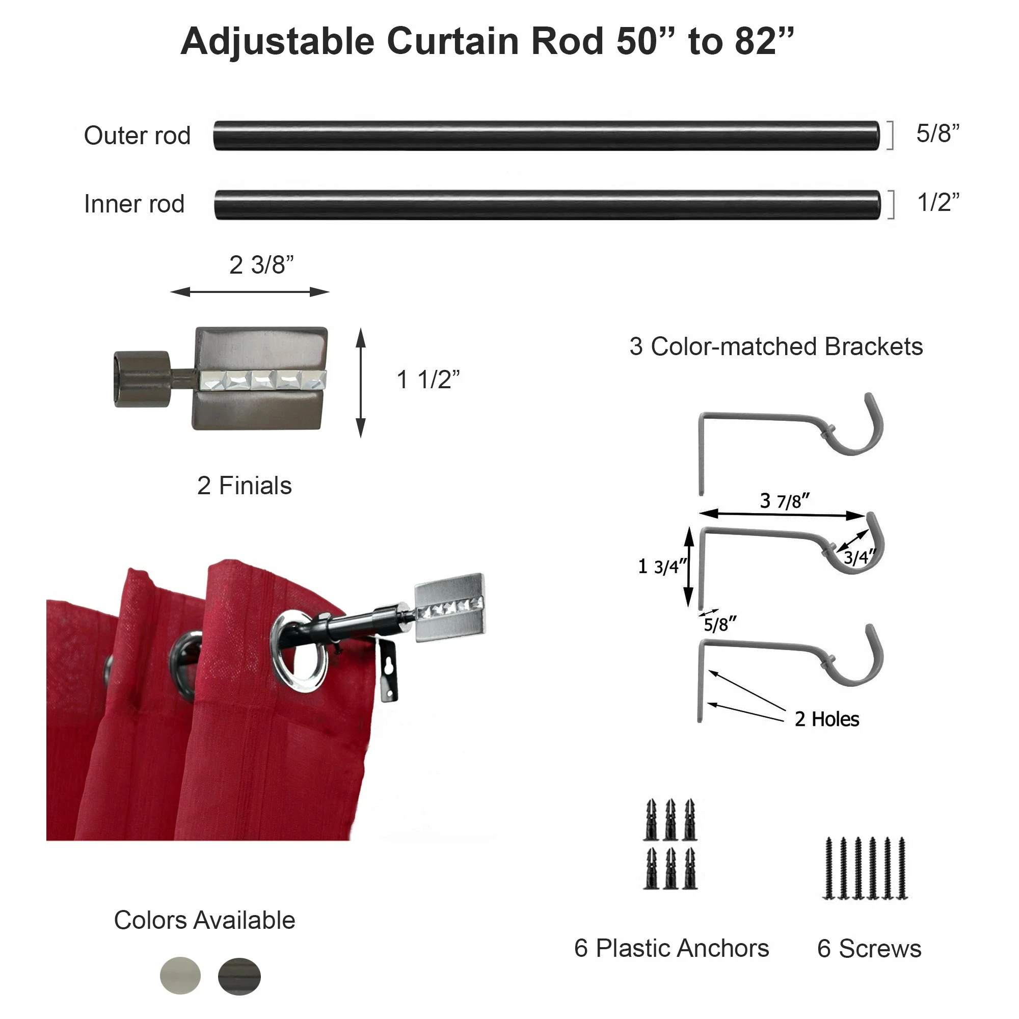 Cheap β Evideco Adjustable 5/8" Single Window Curtain Rod 50" To 82" Graphite - 50" To 82" L X 5/8" D β - Image 8