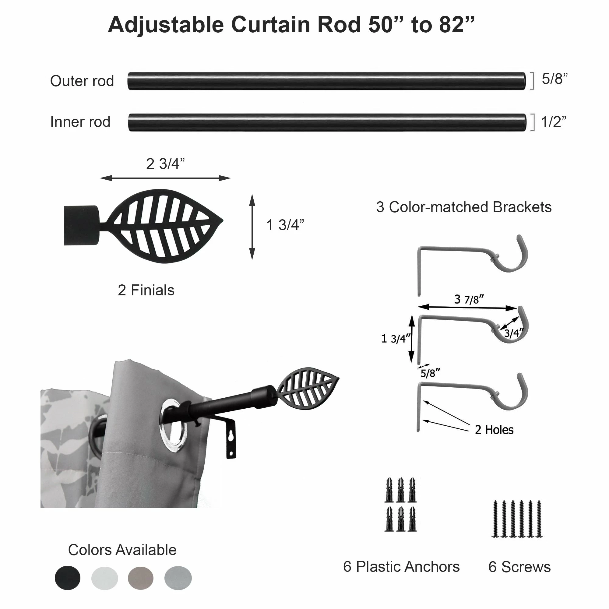 New β Evideco Adjustable 5/8" Single Window Curtain Rod 50" To 82" Grey - 50" To 82" L X 5/8" D π 8 New β Evideco Adjustable 5/8" Single Window Curtain Rod 50" To 82" Grey - 50" To 82" L X 5/8" D π - Image 8