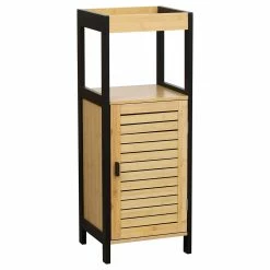 Promo ✨ Evideco Bath Storage Floor Cabinet Cebu 1 Door Bamboo Black Wood - 13.4”L X 11.8”W X 35.6”H 👍