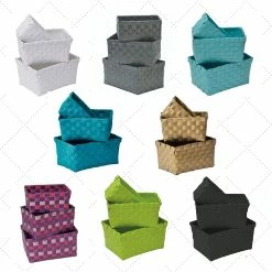 Budget 🔔 Evideco Checkered Woven Strap Storage Baskets (Set Of 3) - 7.8 L X 5.3 W X 4.2 H Turquoise Blue ⭐