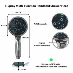 Hot Sale 🔔 Evideco 5 Spray Settings Rainfall Round Hand Shower Head Chrome - 9 1/2"H X 4 1/2"L X 1 1/2"W 🧨 -Evideco Shop Evideco 5 Spray Settings Rainfall Round Hand Shower Head Chrome 2