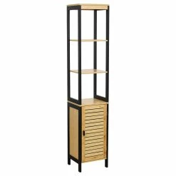 Deals 🥰 Evideco Freestanding Bath Linen Tower Cabinet Cebu 1 Door 3 Storage Alcoves Bamboo Black - 13.4”L X 12”W X 68”H ⌛