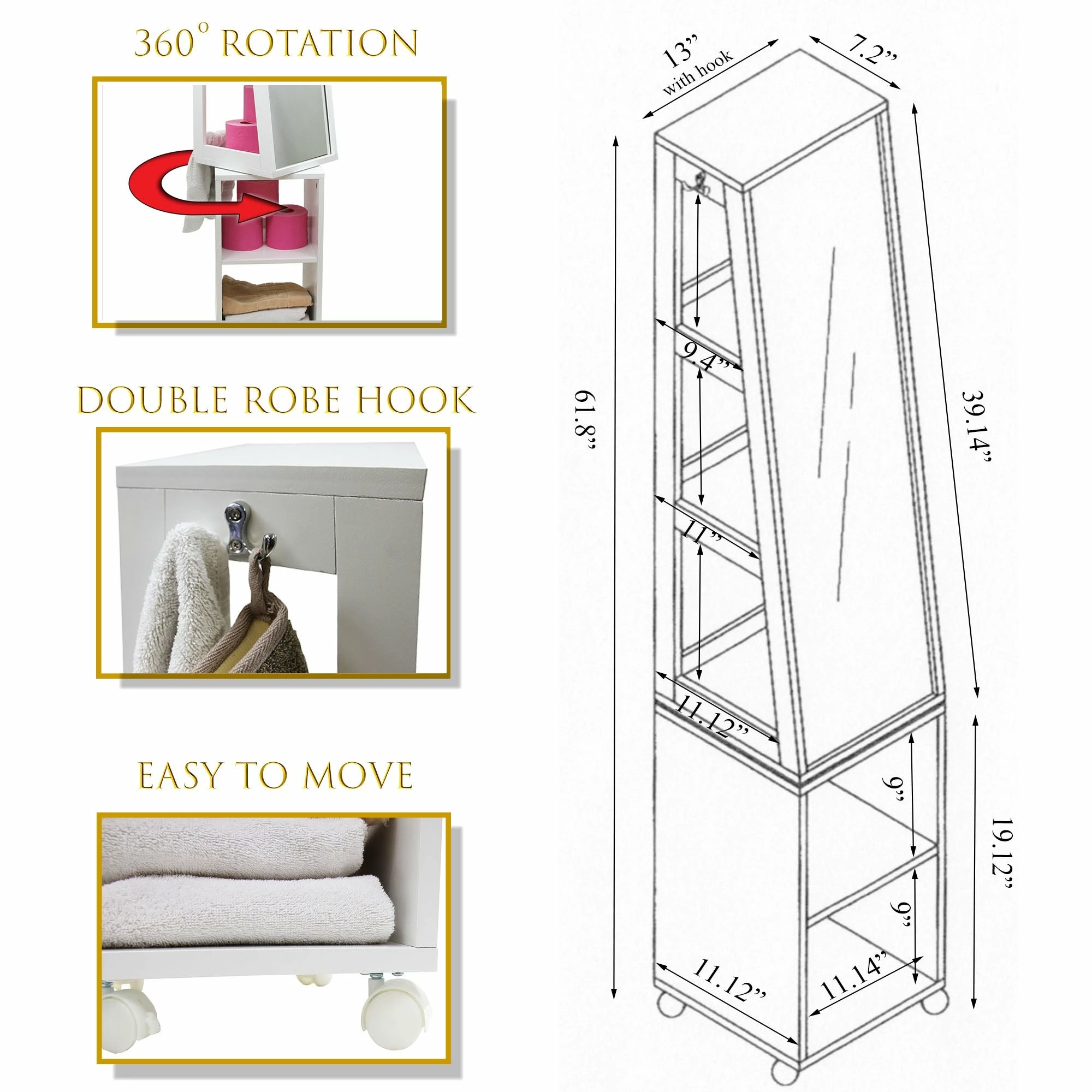 New π Evideco Rolling Swivel Storage Tower Cabinet Organizer Linen Mirror Miami White - 13"L X 11 3/4"W X 61 1/2"H 𧨠5 New π Evideco Rolling Swivel Storage Tower Cabinet Organizer Linen Mirror Miami White - 13"L X 11 3/4"W X 61 1/2"H 𧨠- Image 5
