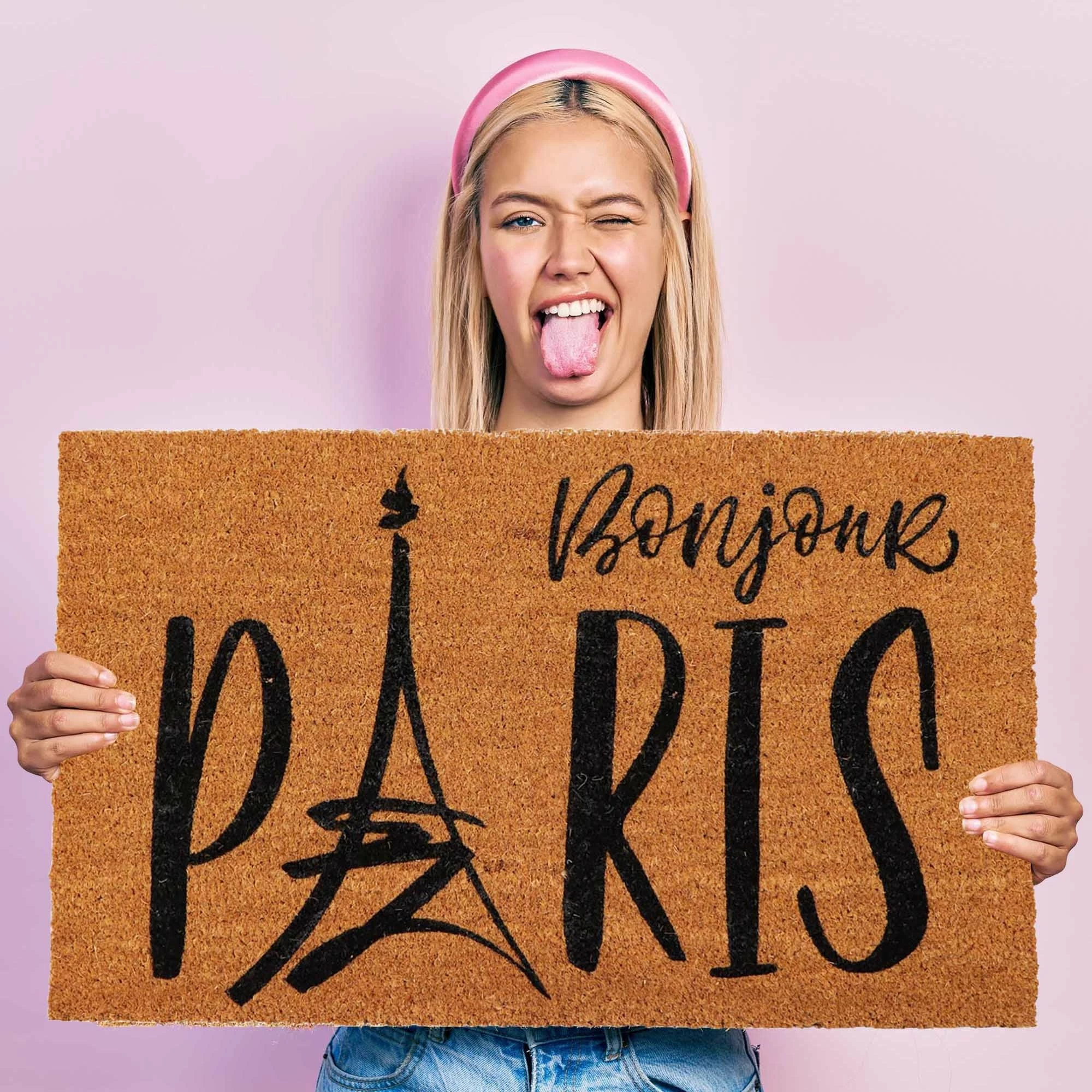 Promo π Evideco Sheltered Coconut Door Mat Printed Bonjour Paris 30x18 Natural π - Image 5